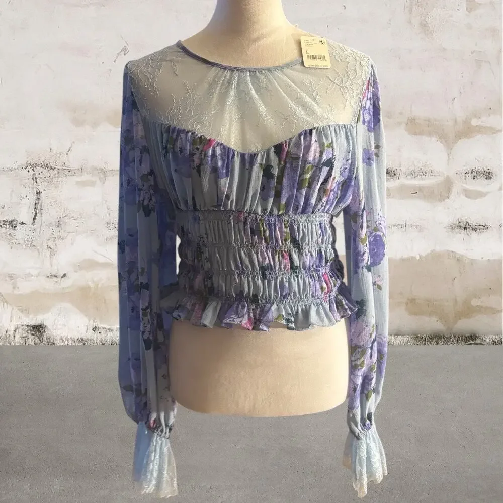Free People $128 Daphne Blouse in Silver Blue Combo Size Large